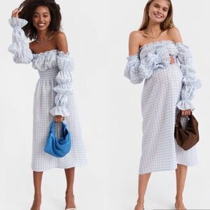 Sleeper Blue and White Gingham Off-Shoulder Midi Dress